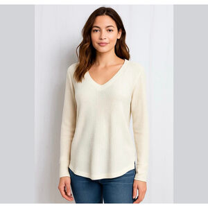Maeve Anthropologie Size Medium Pearson Waffle Top Ivory V-Neck Long Sleeve